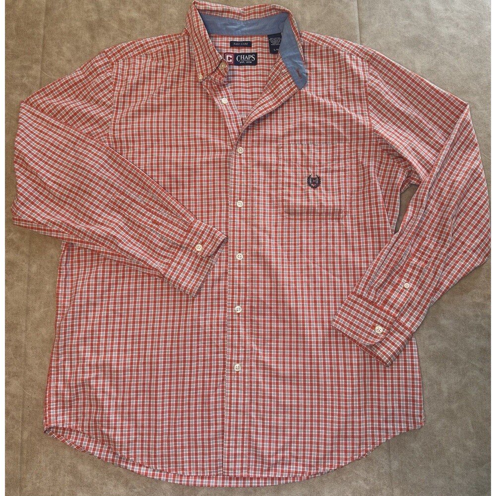 Chaps Easy Care Men's LARGE Cotton Blend Button Red White Blue Plaid Shirt